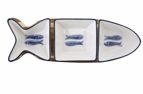 Kp Branzino Aperoset 4Dlg 27,7X9,5Xh4,8 Vorm Vis - 3 Potjes + Houten Basis